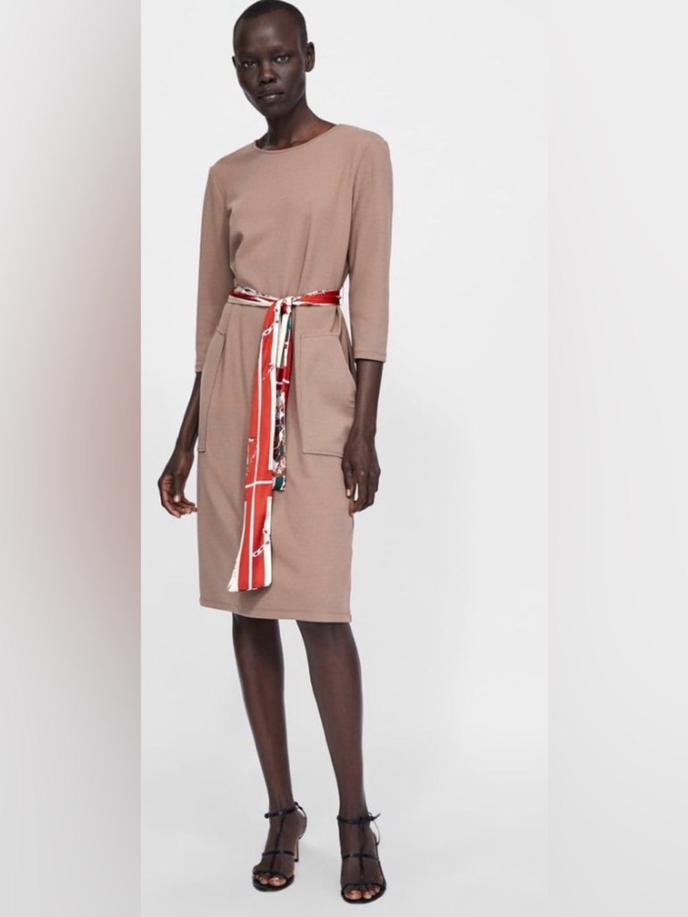 Zara  Taupe Knit Pocket Dress with Multicolored Satin Belt